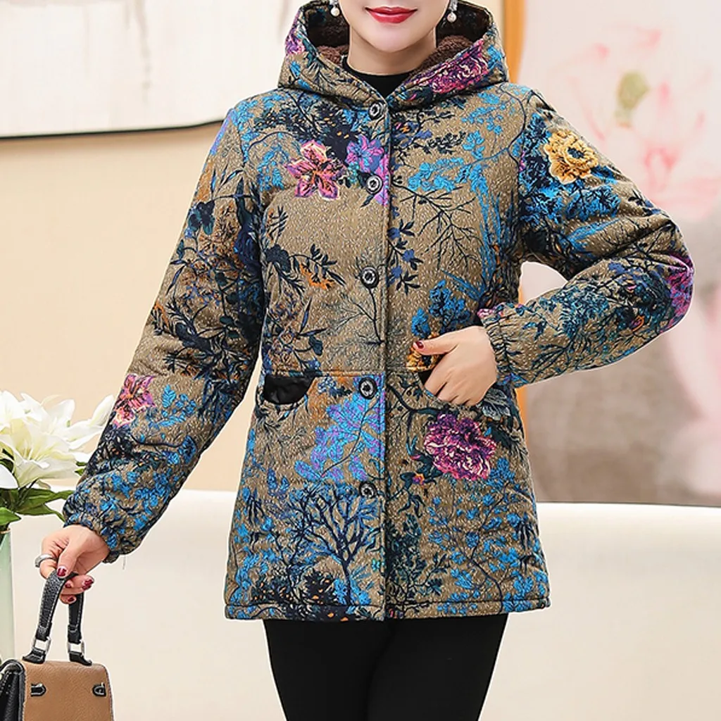 Женская верхняя одежда с капюшоном зимний Кардиган принтом и карманами на