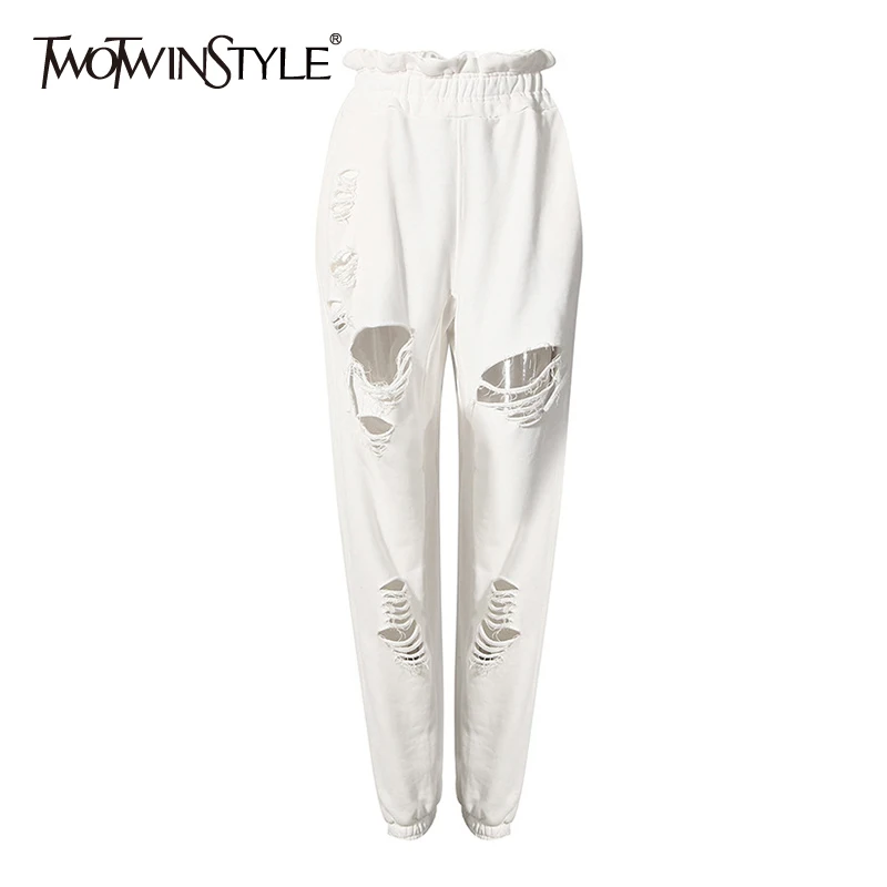 Женские брюки с бахромой TWOTWINSTYLE повседневные высокой талией и дырочками осень 2020