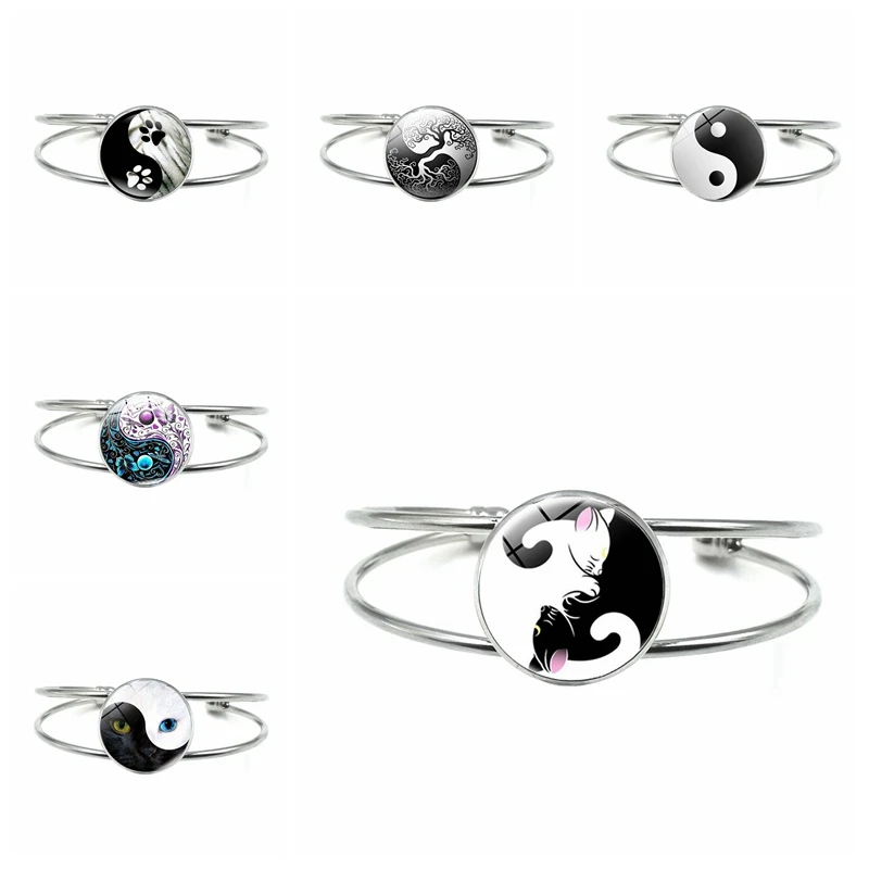 

2021 New Yin and Yang Tai Chi Cat Claw Glass Tibetan Silver Open Bracelet for Men and Women Charm Popular Jewelry Bracelet