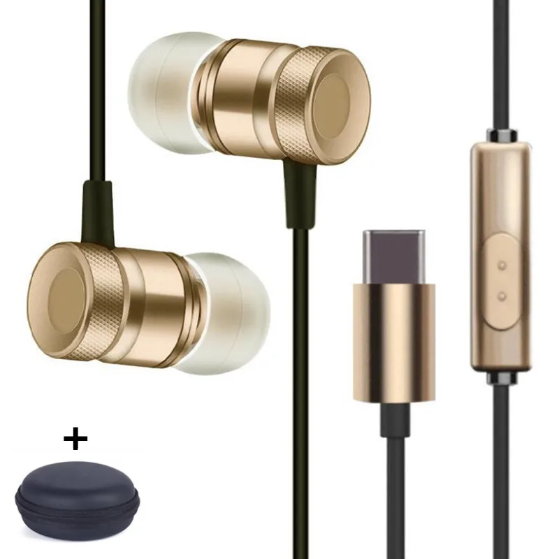 GutsyMan usb type-C наушники-вкладыши стерео цифровые Проводные спортивный Металлический наушники с микрофоном type C гарнитура для телефонов type C - Цвет: Gold With Bag