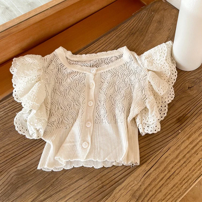 

Summer 2021 baby Korean girl knitted cardigan little boy Lace Ruffle thin Princess sweater top