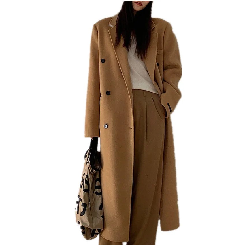 New arrival winter fashion thick woolen overcoat women double breasted straight loose wool blends outwear