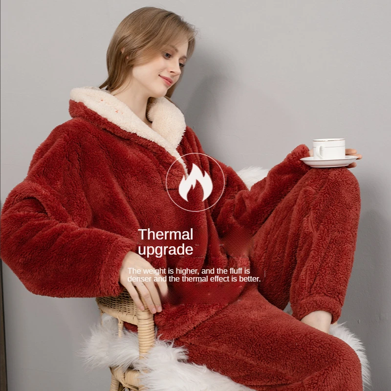 Cross Border Coral Velvet Pajamas Female Autumn and Winter Flannel Pajamas Pajamas Pajamas Set Thickened Couple's Home Clothes