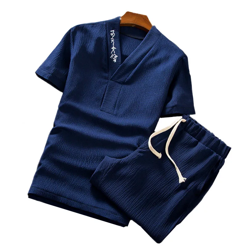 Летний вышитый Мужской комплект из двух предметов большой размер Мужская