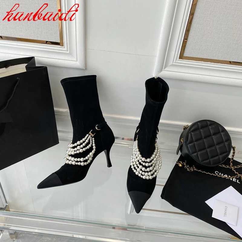 

Spring Autumn Light Luxury Women Shoes Short Boots Leather Stiletto Heels Multi Layer Pearl Stiletto Shoes