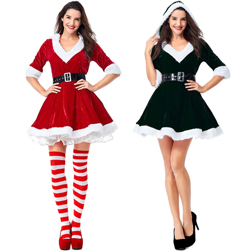 

Adults Women Sexy V-neck Christmas Costumes Velvet Hooded Santa Claus Cosplay Christmas Party Fancy Dress