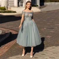 sliver grey tulle off shoulder prom dress sleevesless sweetheart evening gown a line tea length vestidos de fiesta %d9%81%d8%b3%d8%a7%d8%aa%d9%8a%d9%86 %d8%a7%d9%84%d8%b3%d9%87%d8%b1