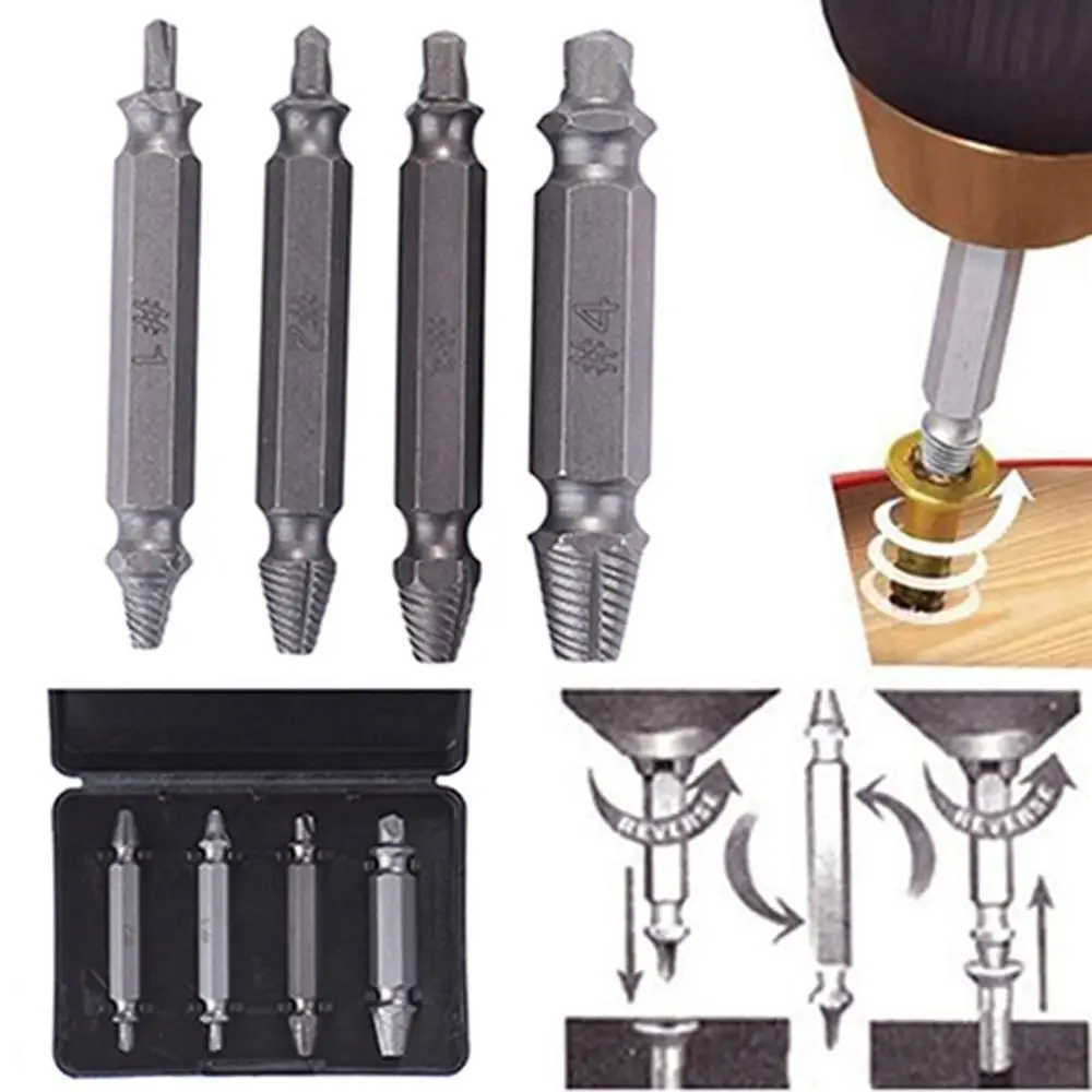 

4Pcs/set Damaged Screwdriver Extractor Set Double Side Broken Screw Bolt Stud Remover Puller Center Drill Bit Removal Tools