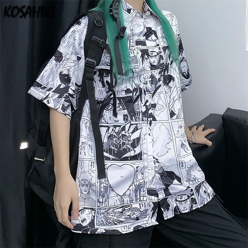 

KOSAHIKI Japanese Fashion Blusas Mujer 2021 Summer Blouses Women Harajuku Cartoon Print Shirts Streetwear Loose Tops Femme