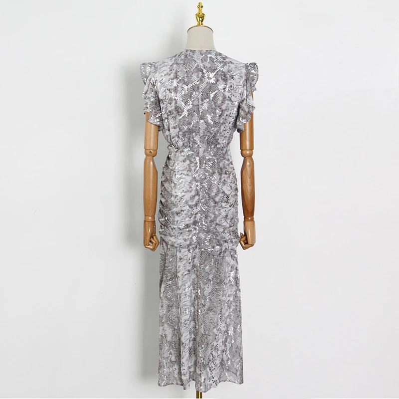

VGH Vintage Print Irregular Dress For Women V Neck Sleeve Drawstring Ruched Slim Side Split Midi Dresses Female 2021 Fashion New