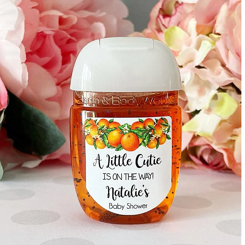 

Customize Little Cutie Baby Shower Hand Sanitizer Favor Labels,Little Cutie Baby Shower Favors,Orange Baby Shower Favors Sticker
