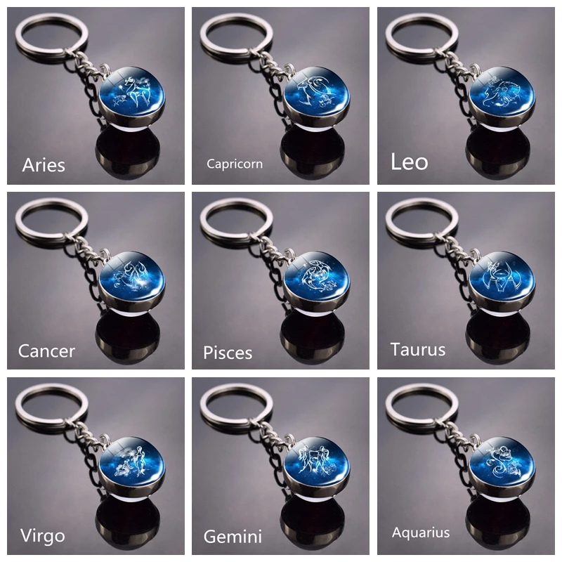 Брелок Овен с круглым шаром из голубого стекла 12 созвездий Телец Gemini рак Лев дева