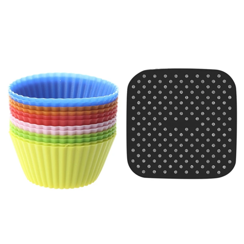 

12 Pcs Silicone Cake Moulds Muffin Cupcake Bread Mousse, Jelly, Chocolate & 1X Reusable Air Fryer Liners - 8.5 Inch