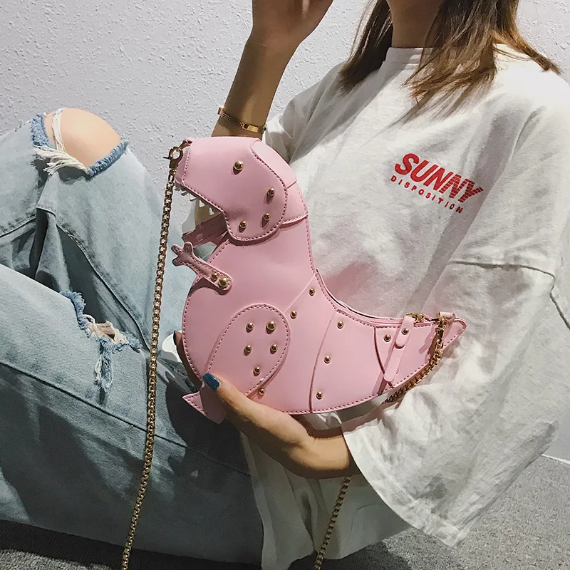 

Design with Rivets Women Bag 2020 New Arrival Casual Crossbody Bags Girl Fashion PU Cute Animal Dinosaur Chain Shoulder Bag
