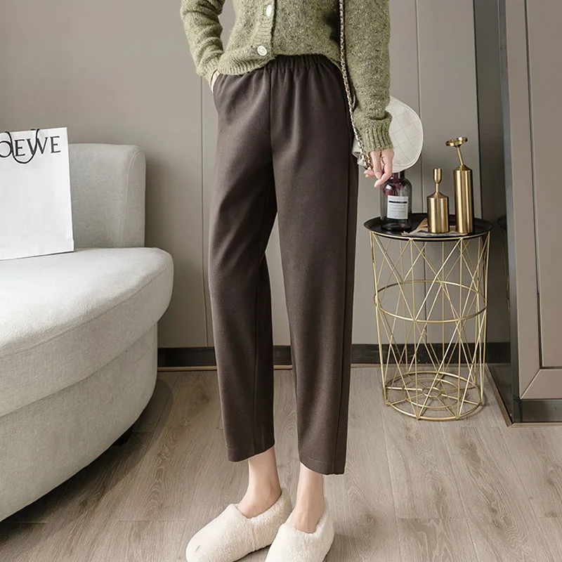 

Limiguyue Winter Woolen Harem Pants Women Pants Thick mom pant elastic waist pencil trousers black coffee loose streetwear K266