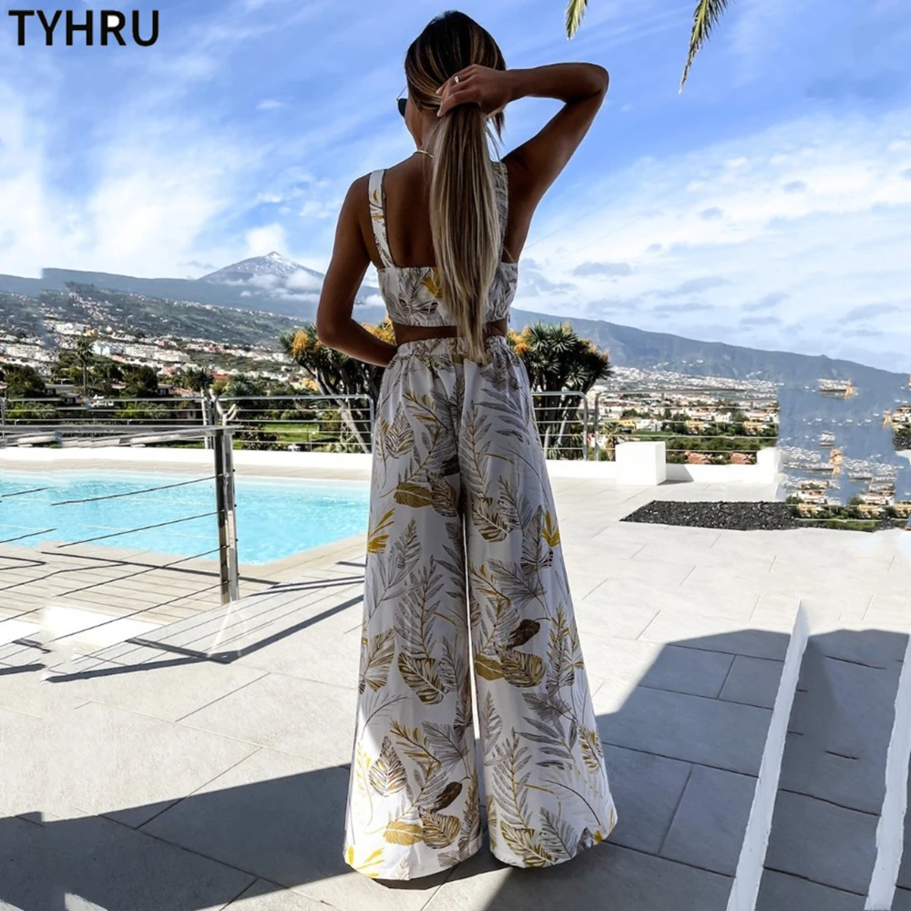 

TYHRU Preorder 2 Pecs Women's Summer Sets Vacation Style Printed Short Camisole High-waist Wide-leg Pants Two-piece Casual Sets