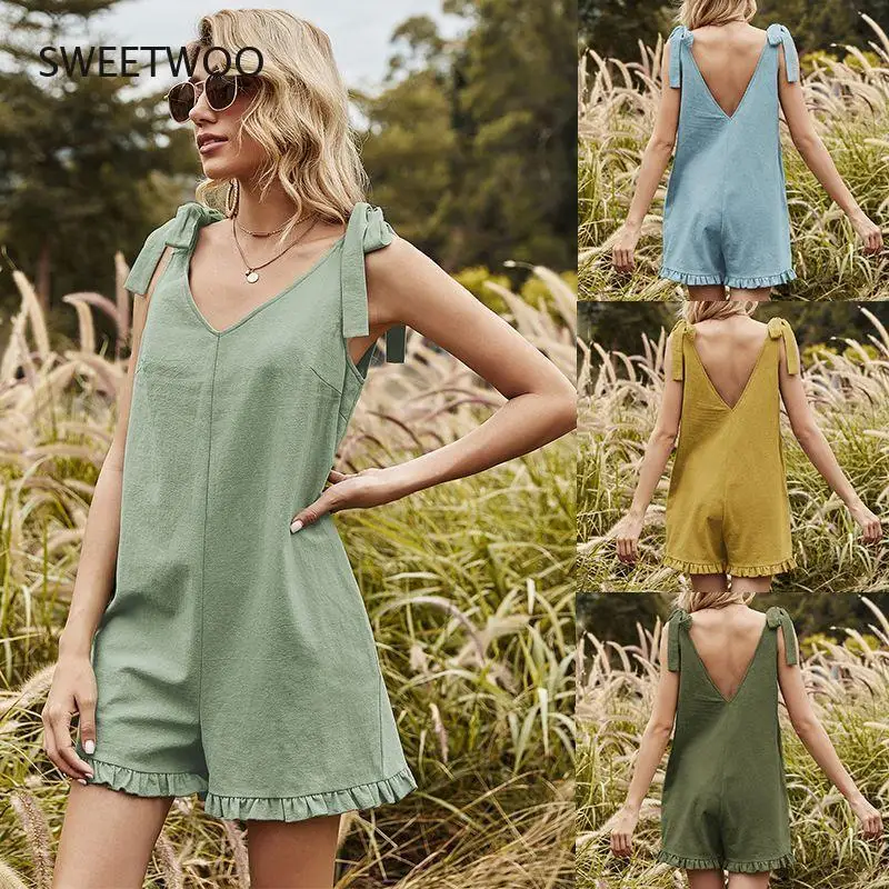 

2021 Summer New Style Jumpsuit Female European and American Bow Tie Tie Wood Ear Jumpsuit Shorts Green
