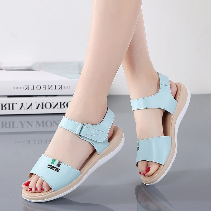 

Women Sandals Casual Cow Leather Fashion Flats Antiskid Sewing Velcro Comfort Light Soft Wedge Heel Simplicity Shoes Summer New