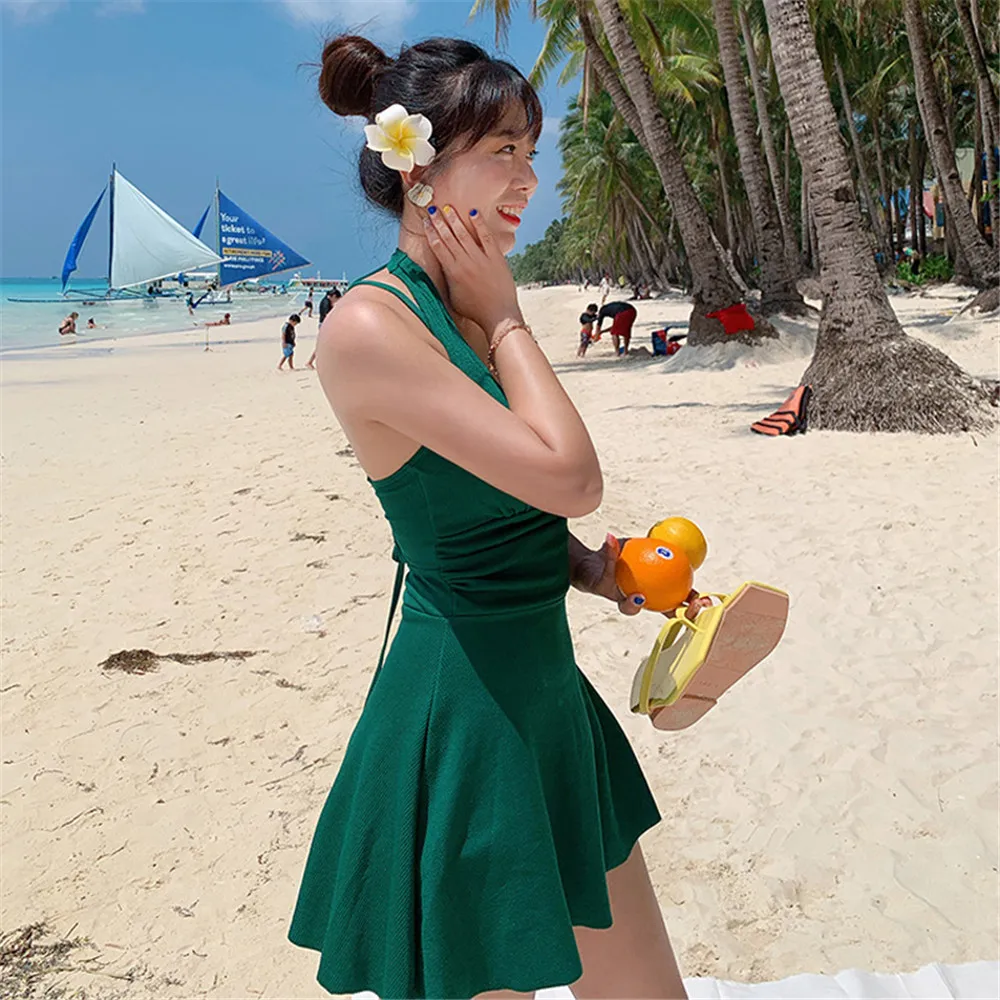 Корейский цельный купальный костюм Женская однотонная купальная одежда