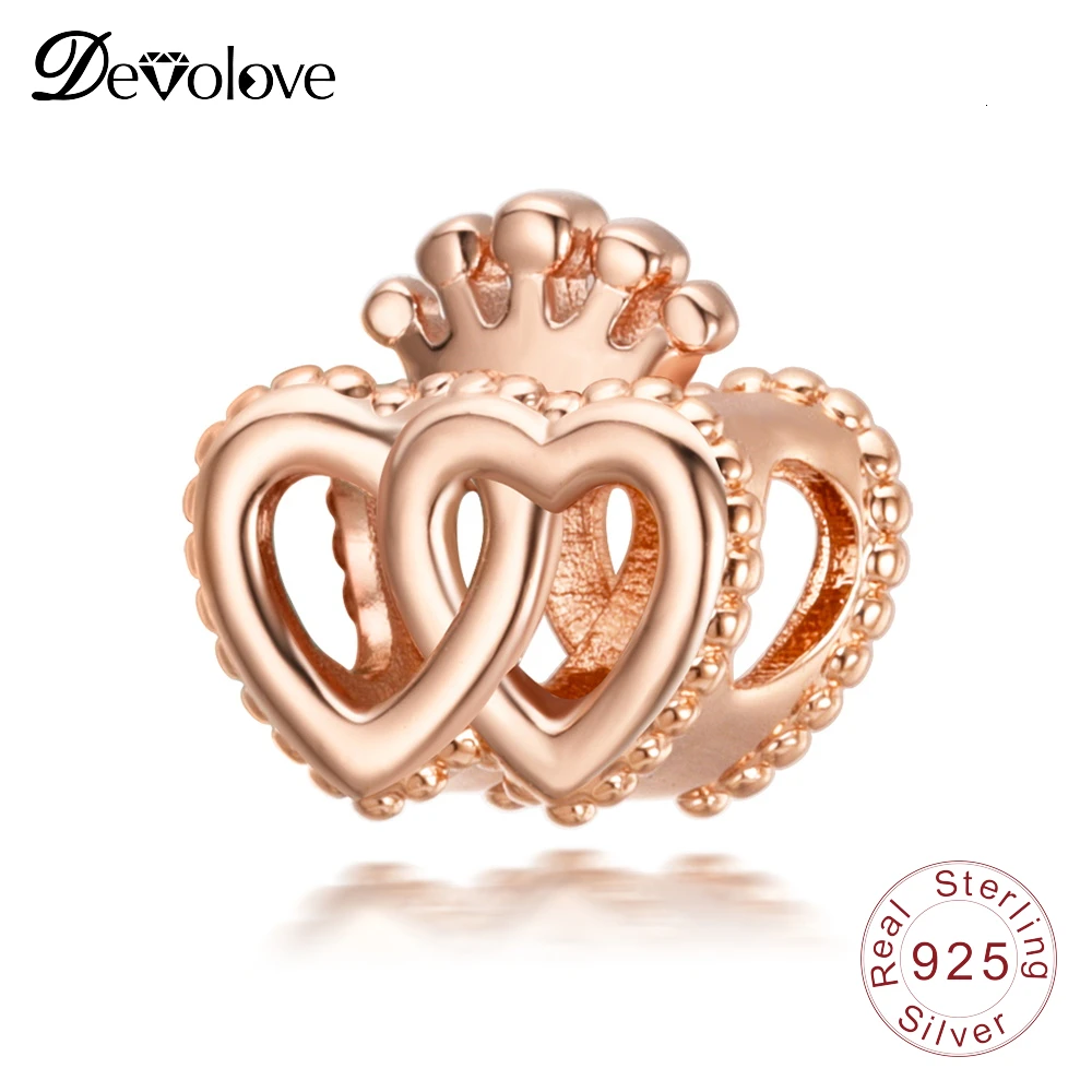 DEVOLOVE Настоящее серебро 925 пробы шармы Корона и переплетенные сердца аксессуары DIY