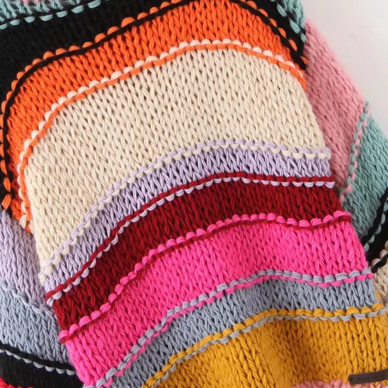 Ручной Работы Радуга полосатый свитер для женщин О-образный вырез с длинным