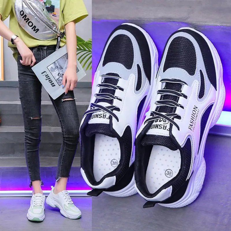 

Ladies Sneakers Women's White Lace-up Mesh Breathable Comfortable Running Shoes Student Thick-soled Stretch Light Casual Shoes