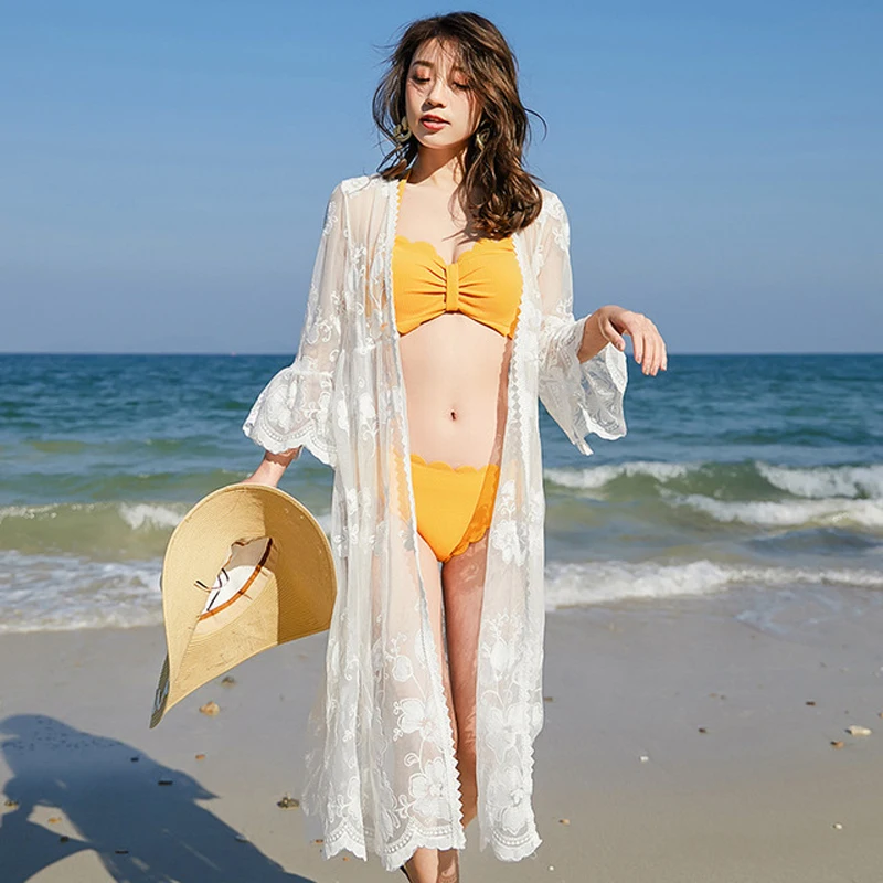 Crochet Tunic Beach Dress Slit Hemline Cover-ups Sexy Hollow Out Knitted Swimsuit Cover Up Long Sleeve Summer Women Beachwear | Женская