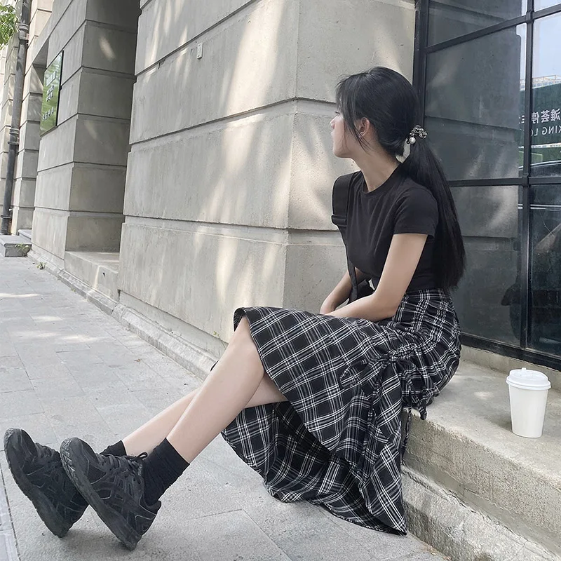 

IEQJ High Elastic Waist Panelled Plaid Trumpet Skirt Women Fashion Casual Asymmetrical Drawstring New Spring Autumn 2021 8P287