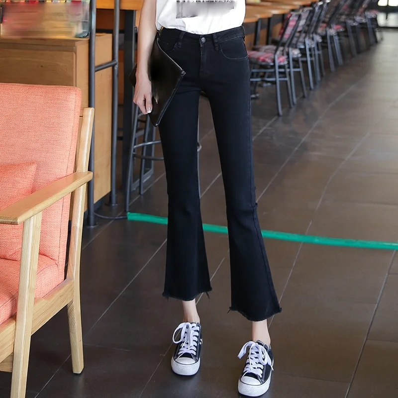 

ZHOUTAYLOR Jeans Woman Button Pockets Fake Zippers Flare Bottoms Femme Casual Loose Spring New 2021 Calf-Length Trousers Female
