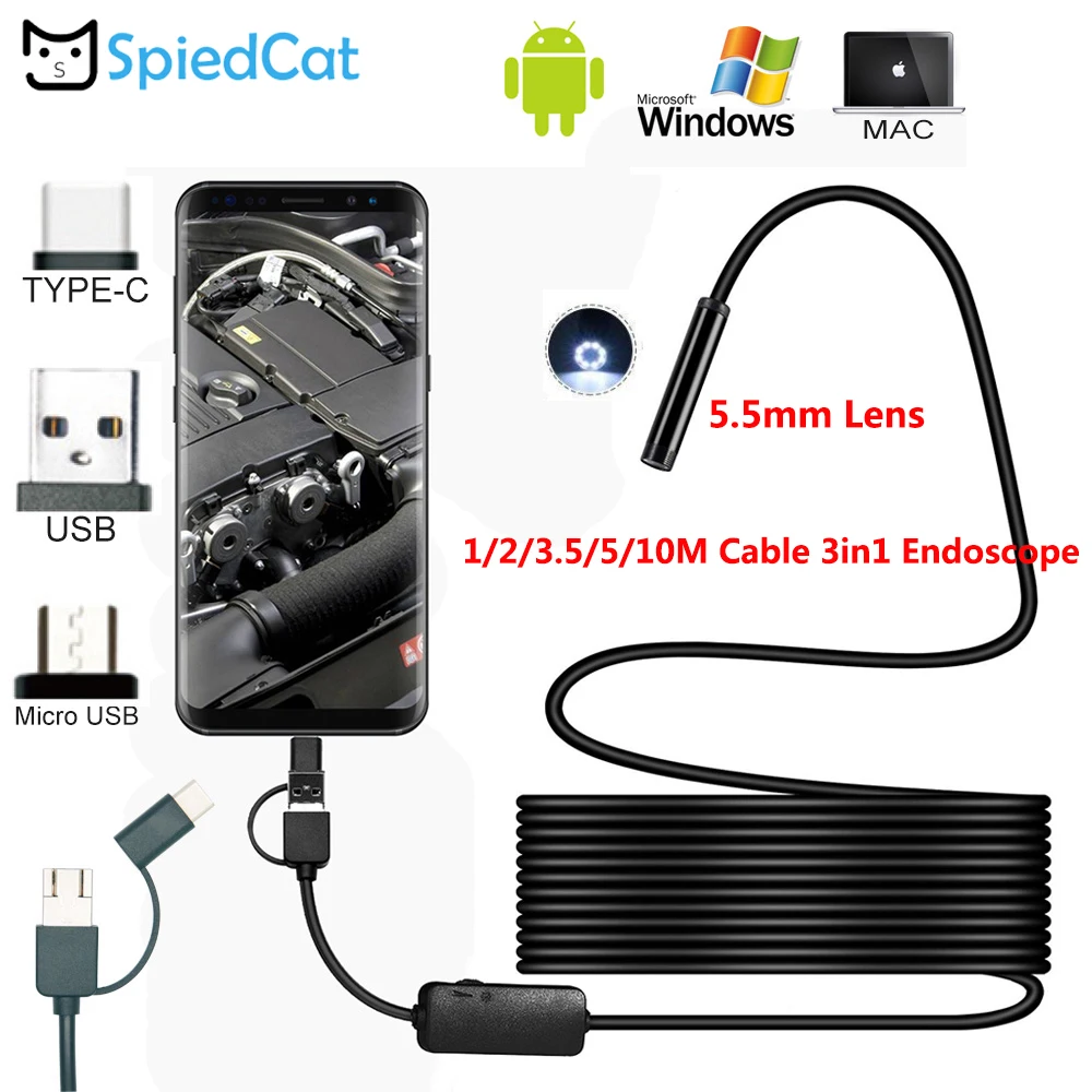Бороскоп 5 мм Мини объектив инспекционная трубка Android 3 в 1 эндоскоп 1/2/2/3/5/10 м USB Type c