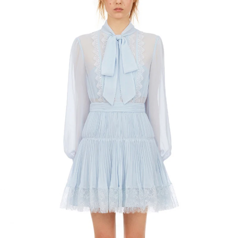 

Spring Autumn Runway Designers Dress 2020 Women Elegant Bow Long Sleeeve Lace Patchwork Chiffon Dress Blue