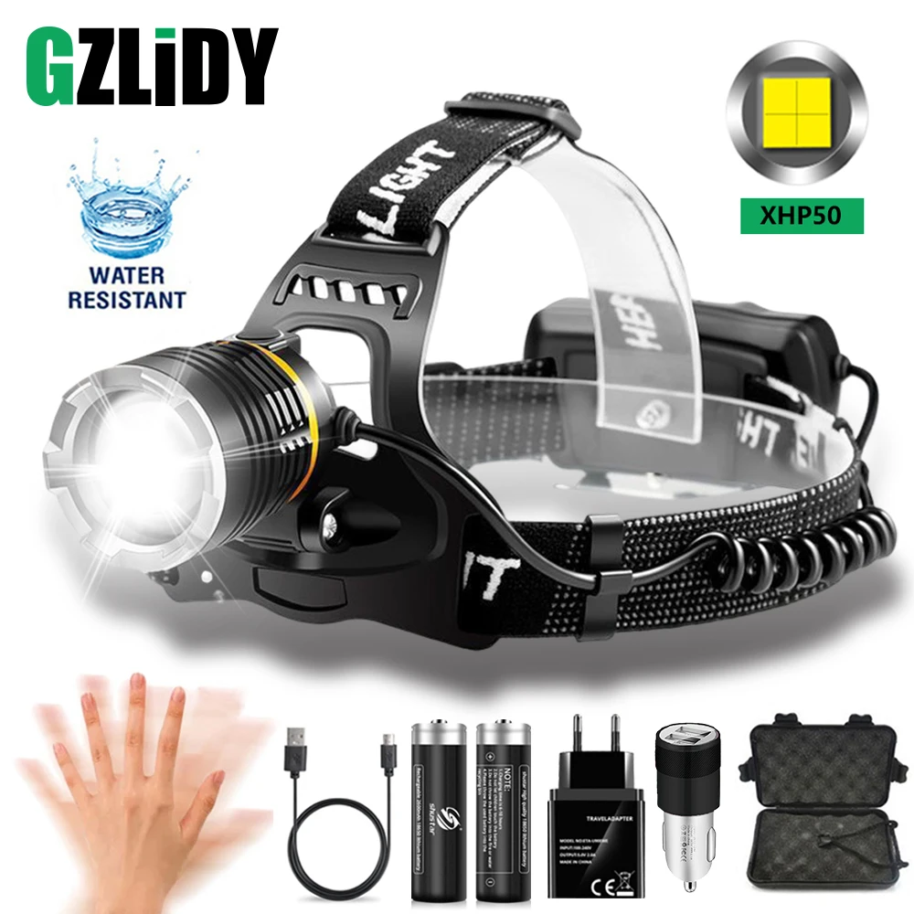 USB Rechargeable XHP50 LED Headlamp Powerful Headlight Sensor Head Torch Waterproof 18650 Fishing Lantern Zoom Camping Lights | Освещение
