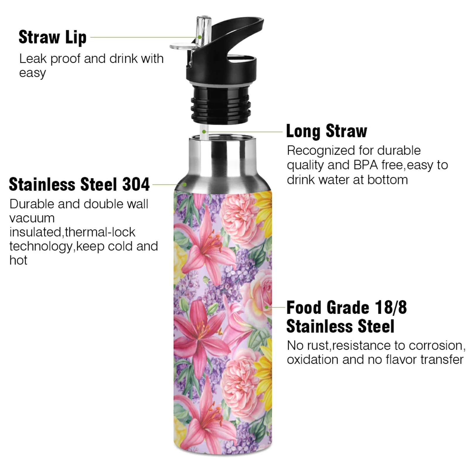 Sports Water Bottle 600ML, 304 Stainless Steel, Portable Bottle for Hiking Cycling, Sunflower Vacuum Thermos Flask, Outdoor Mugs
