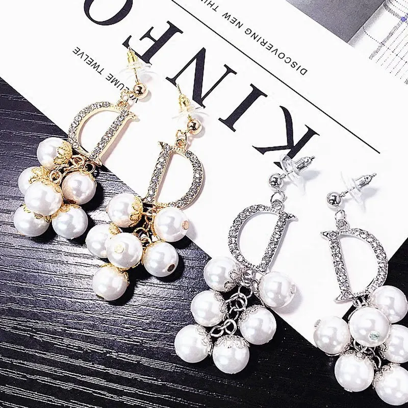 Luxury Brand Long Pearl Drop Earrings For Women Crystal Letter D Earring Female Wedding Fashion Jewelry oorbellen 2020