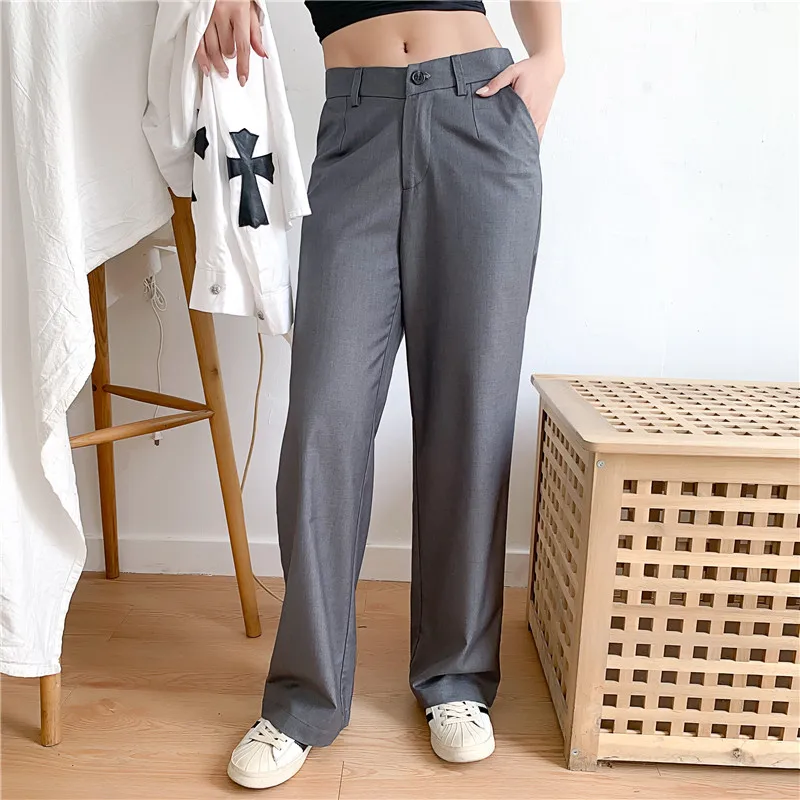 

Брюки женские прямые однотонные, модные Универсальные свободные штаны с заниженной талией, повседневные брюки с широкими штанинами, Осень-...