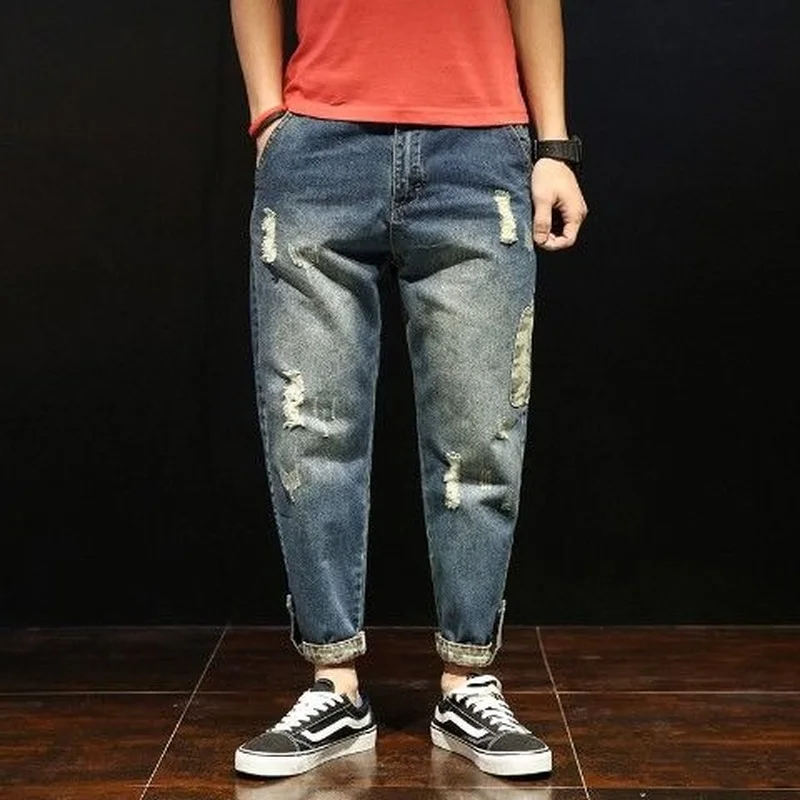 Men's Jeans Summer Thin Large Size Loose Straight Nine-point Pants Ripped Camouflage Long Pants Men Jeans