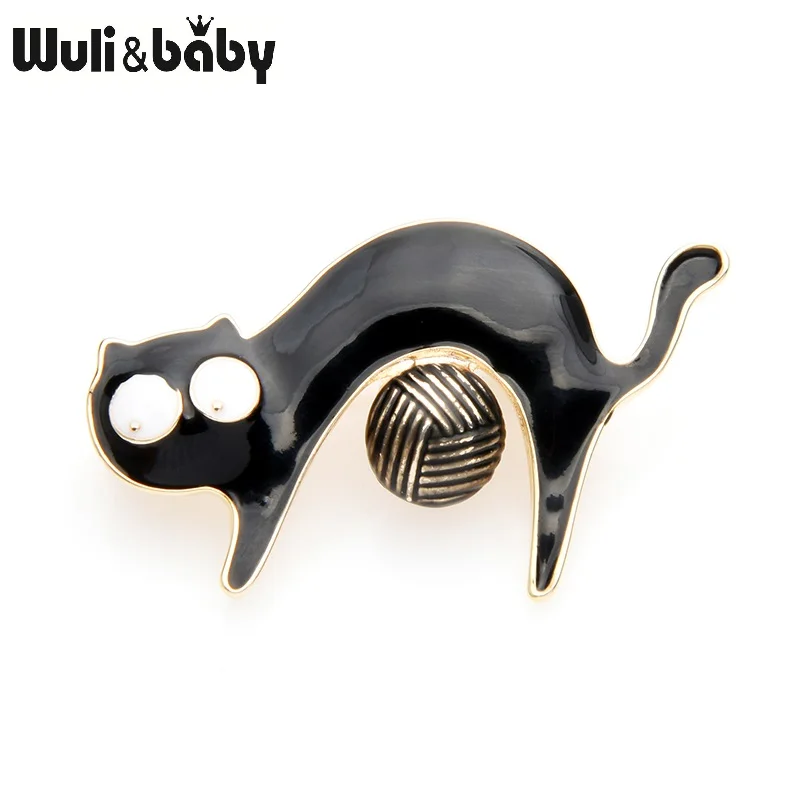black Wuli&baby, черные, коричневые Броши с шариком для кошек, Женская Брошь из сплава с милым животным, брошь для вечеринки, булавки, подарки на год - Окраска металла: black