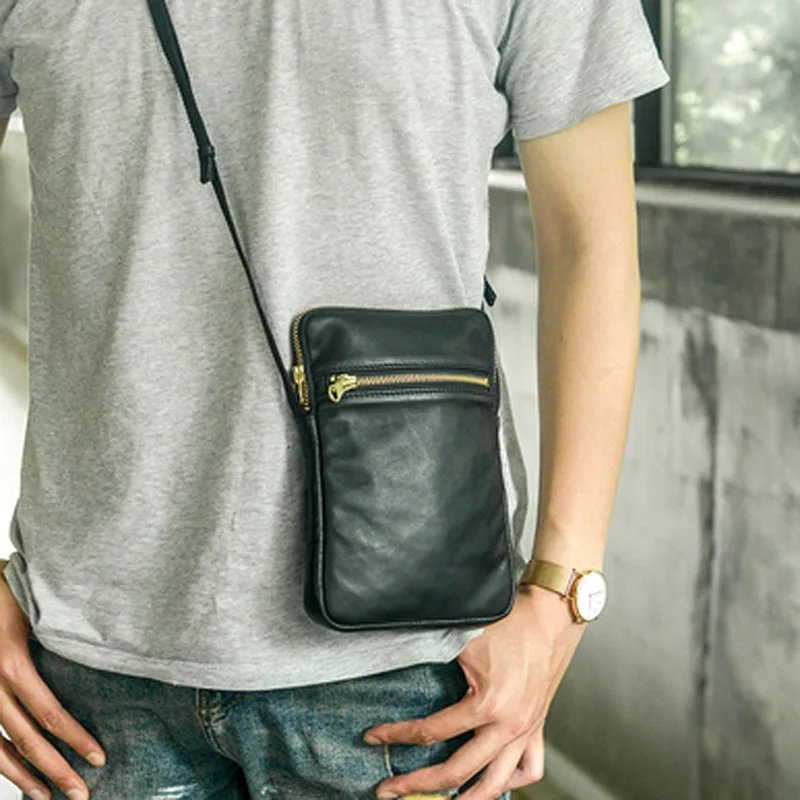 Japanese fashion cowhide mobile phone bag for men and women retro fashion brand leather mini underarm small satchel