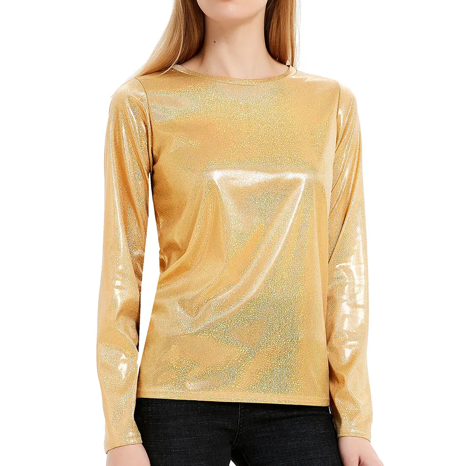 Женская Блестящая футболка с длинными рукавами блестящая голографическая
