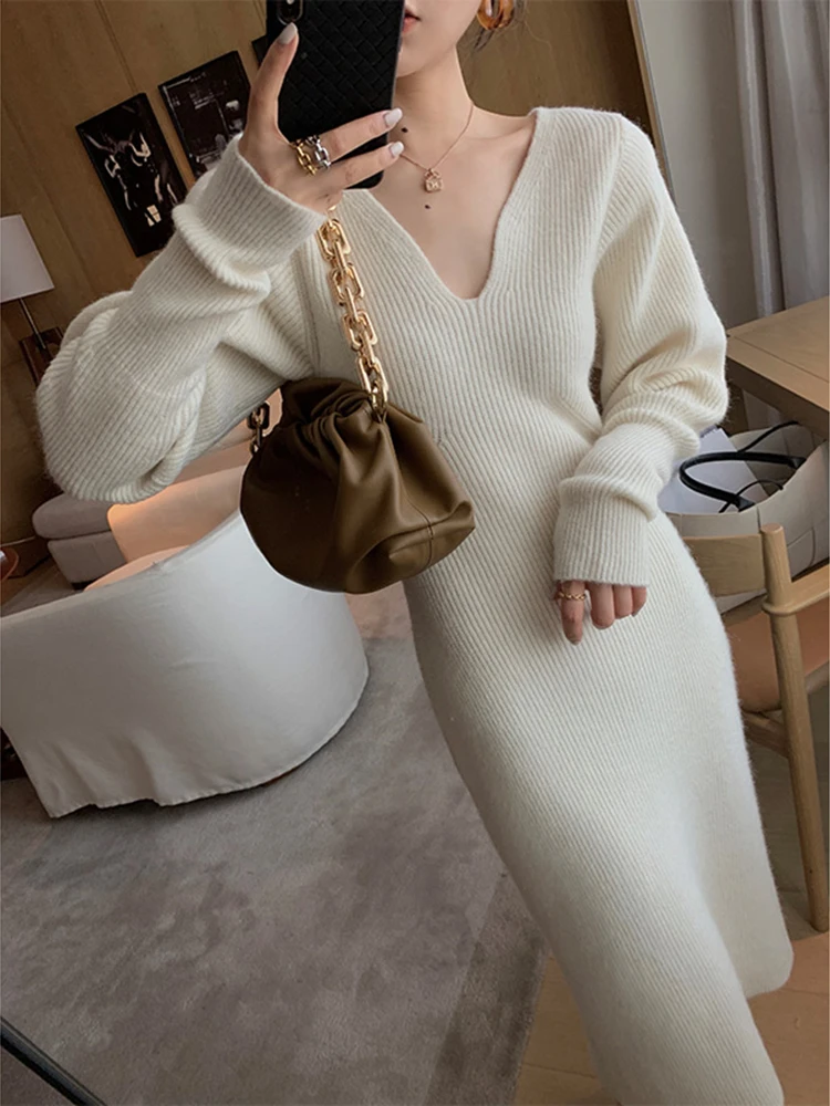 

Women Knitted Dress Autumn Winter Elegant V-neck Slim Waist Sexy Female Straight Sweater Dresses