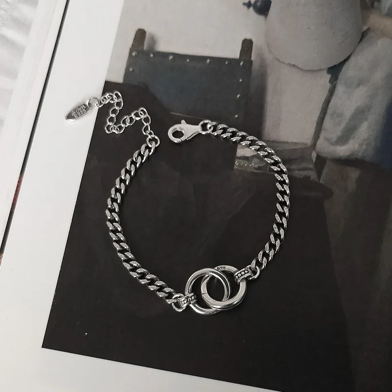 

Hip Hop Jewelry Double Circle Thai Silver Color Bracelet Handmade Thick Chain Couple Bracelet for Men Women S-B413