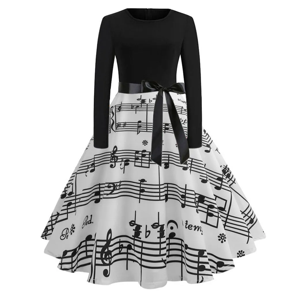 

Women'S Vintage Long Sleeve O Neck Evening Maxi Dress Party Prom Swing Dress Bow Note Print Slimming Mid-Calf Autumn Dresses