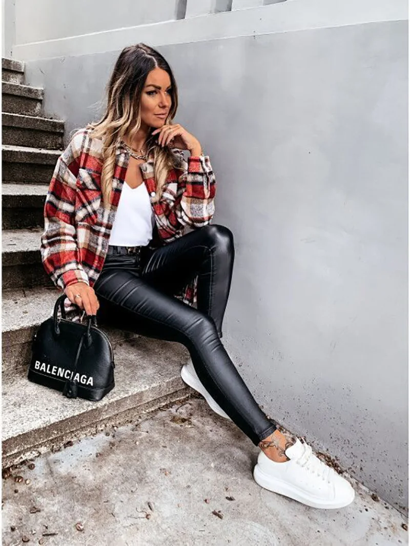 

2021 Fall Women's Checkered Plaid Fashion Tops 2021 New Women's Tops Pocket Buttons Slim Retro Shirts