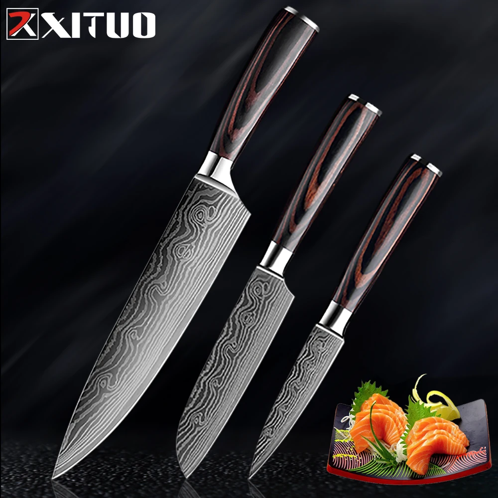 

XITUO 3PCS Messenset Kitchen Cooking Knife Tools 8"5"3.5" Pakka Wood Damascus Steel Japanese Chef Cleaver Utility Paring Knives