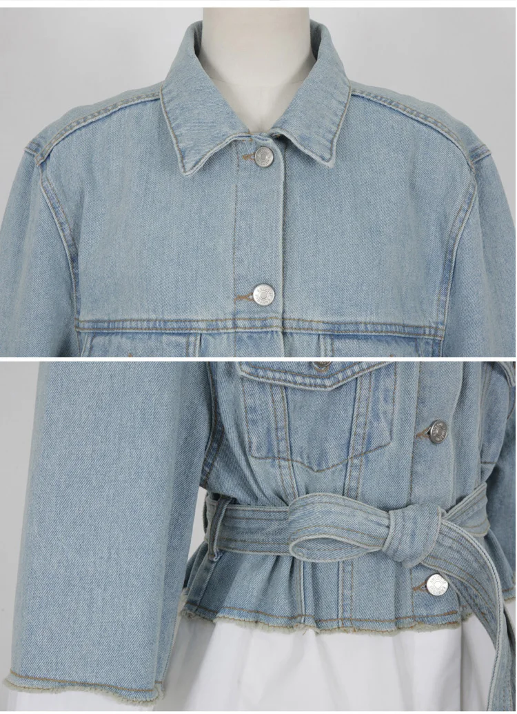 

Spring And Autumn Women's Clothing Loose Fashion Turn-Down Collar Stitching Fake Two-Piece Bandage Denim Jacket Outerwear