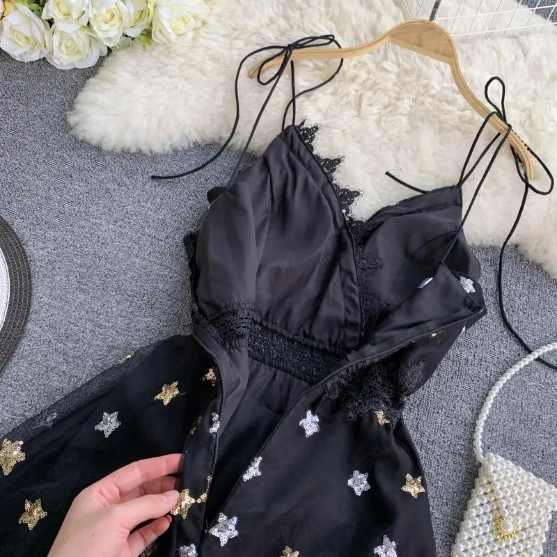 

Vintage Party Dress Mesh Lace Sequined A-line Sexy Dresses 2020 Summer V-neck Stars Vestidos Zipper Clothing