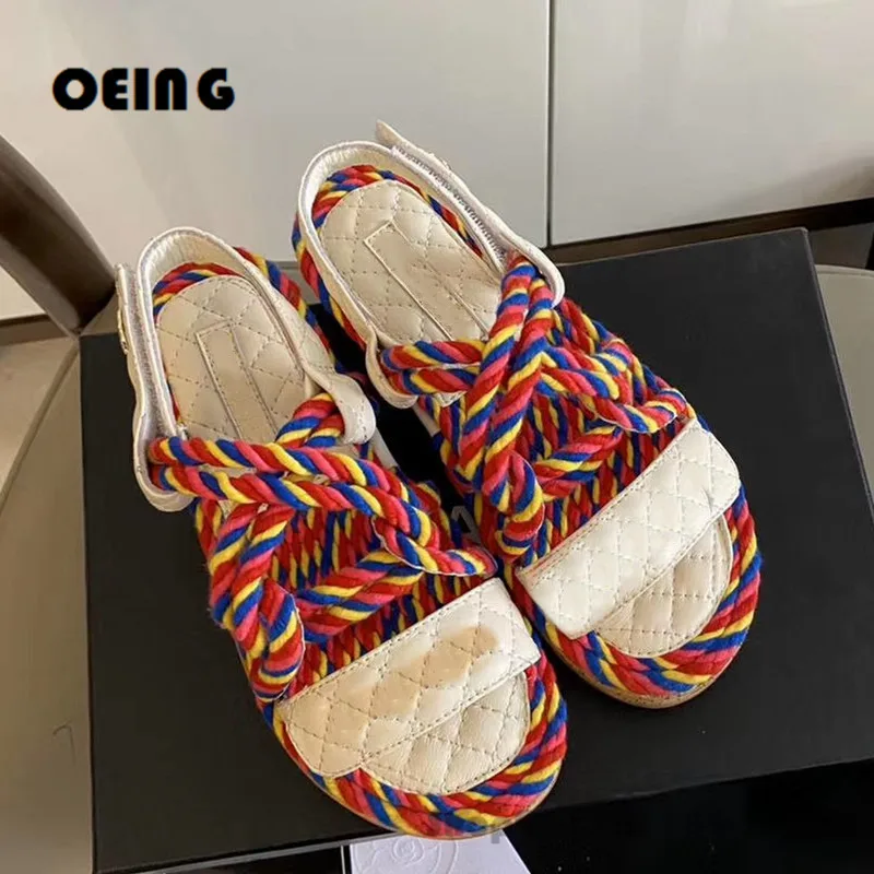 

2021 Summer Women Dad Flat Sandals Cream Leather Quilted Rope Mule Slide Strap Sandals Mixed Color Casual Women Beach Sandals