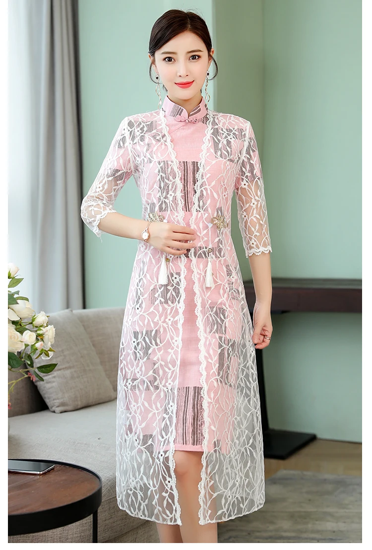 Улучшенное розовое хлопковое и льняное платье cheongsam Новая мода ретро элегантное тонкое платье в китайском стиле