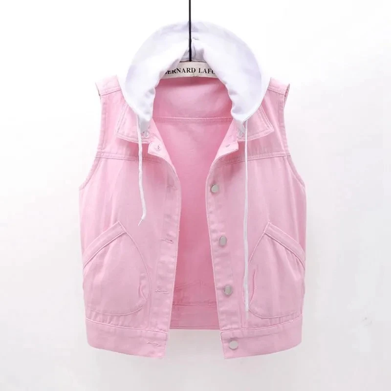 

Colors Denim Vest Coats Woman Sleeveless Waistcoat Short Slim Jeans Jackets Wild Slim Embroidery Waistcoat Vest Pink/White Coat