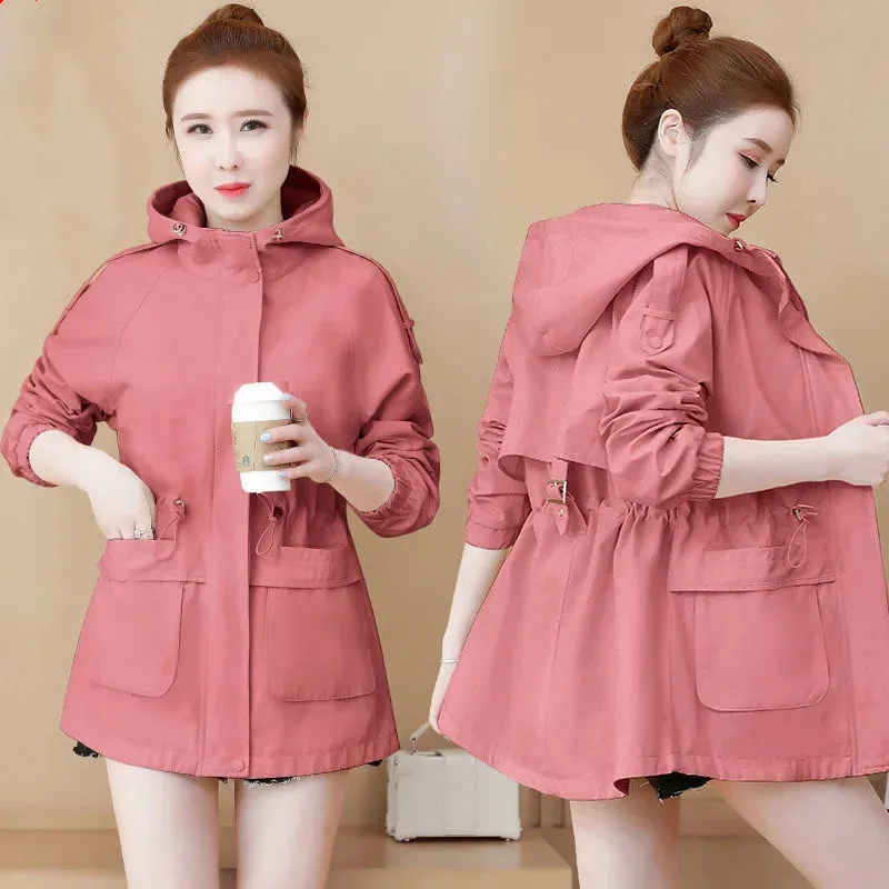 

Тренчкот женский однотонный на завязках, верхняя одежда на молнии с капюшоном и эластичным поясом, ветровка с длинным рукавом, топ на осень